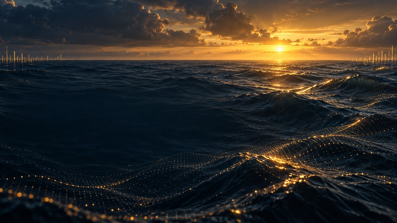 Dark ocean at golden sunset rendered with wireframe data waves and glowing gold particles